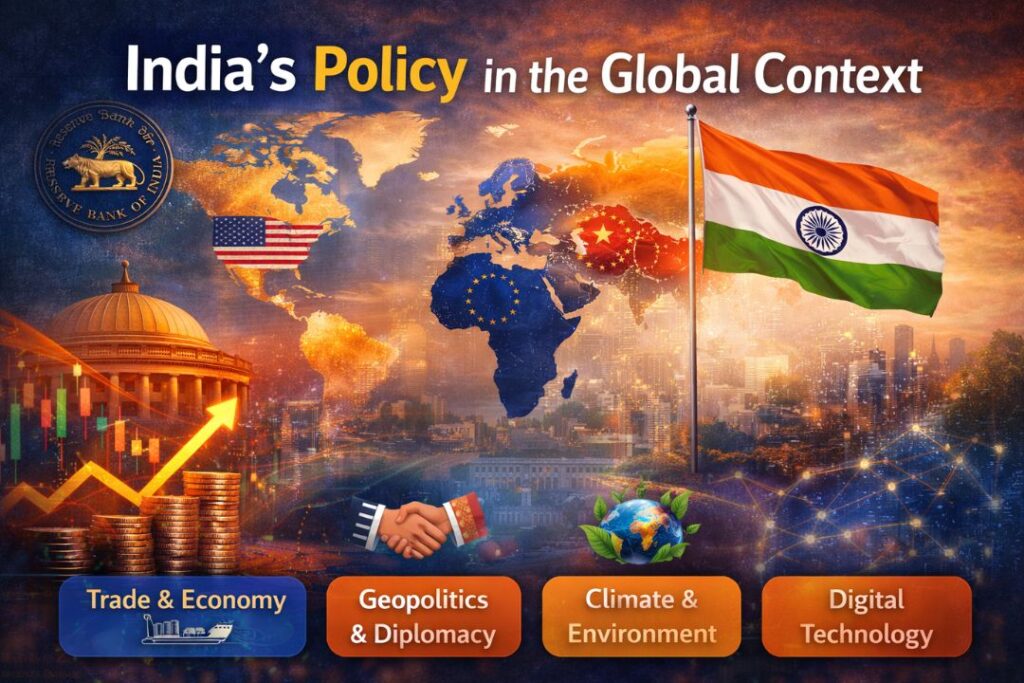 India's Policy in the Global Context image showing Indian flag, global map, trade economy growth chart and geopolitical relations