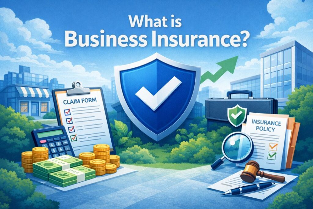 What is Business Insurance concept image showing protective shield over office building, policy documents, legal gavel, and financial icons representing business risk protection and coverage