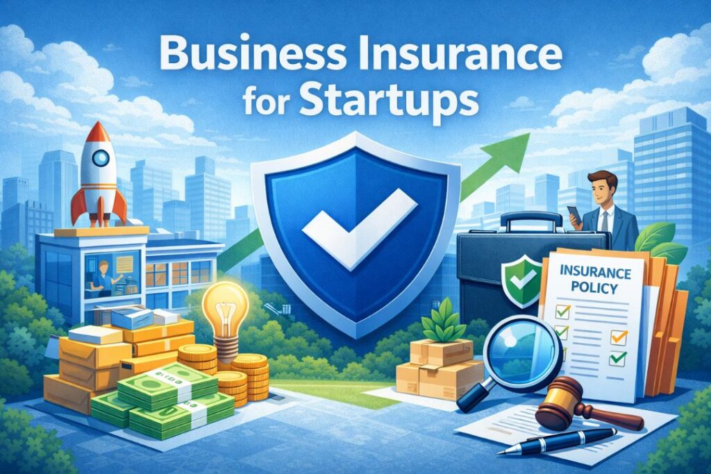 Business Insurance for Startups featured image showing protective shield, startup office building with rocket symbol, insurance policy documents, legal gavel, cash, and growth arrow representing financial protection and risk management for new businesses
