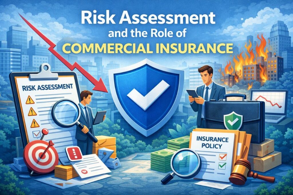 Risk assessment and commercial insurance concept image showing business professionals analyzing risk checklist, protective shield symbol, insurance policy documents, financial charts, and fire-damaged building representing risk management and coverage protection