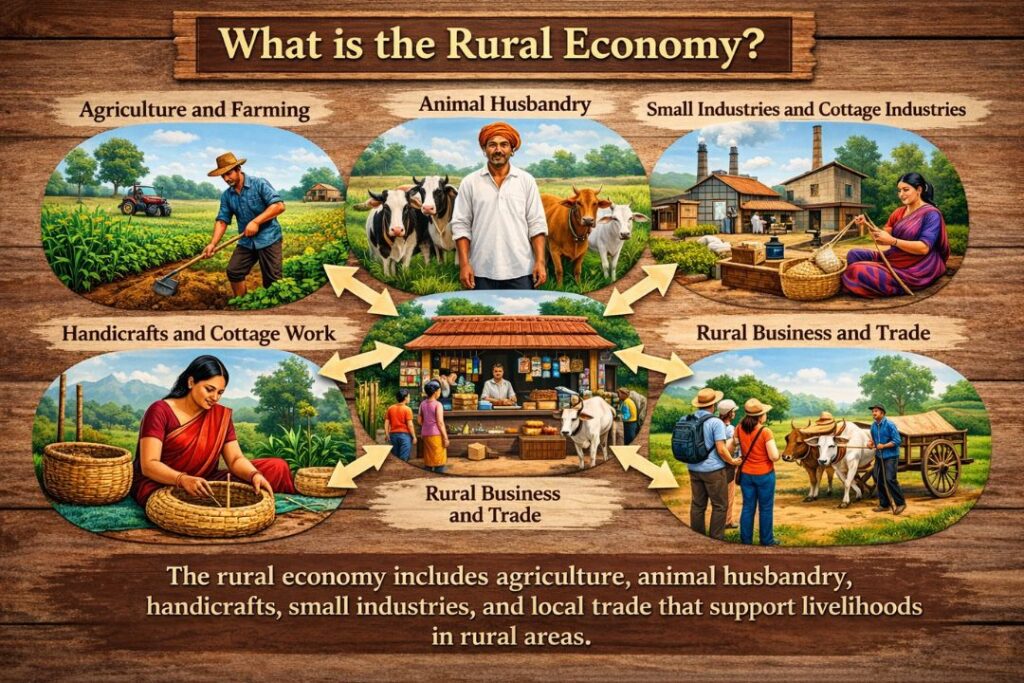 The Rural economy infographic showing agriculture, animal husbandry, handicrafts, and rural trade