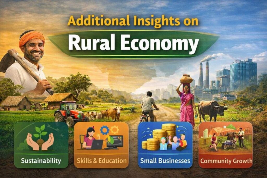 Illustration showing additional insights on rural development with farmers, village life, sustainability, education, small businesses, and community growth in India.
