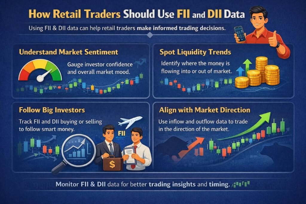 How retail traders should use FII and DII data to understand market sentiment, liquidity, and trend direction infographic.