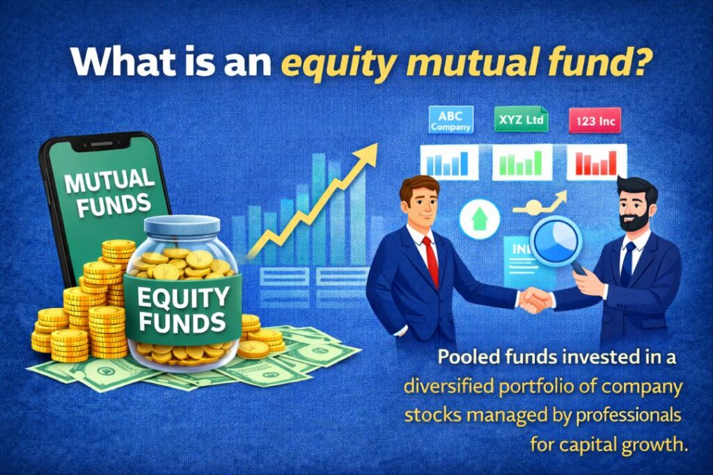 Illustration explaining what an equity mutual funds is, showing pooled investor money invested in diversified company stocks managed by professionals.