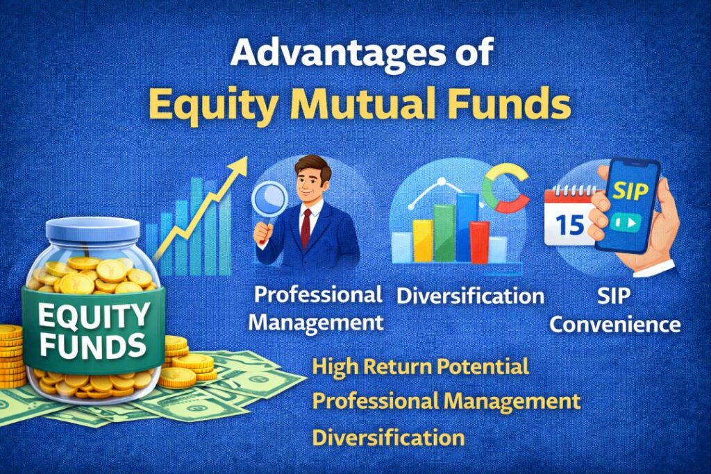 Infographic showing the advantages of equity mutual funds, including high return potential, professional management, diversification, and SIP convenience.