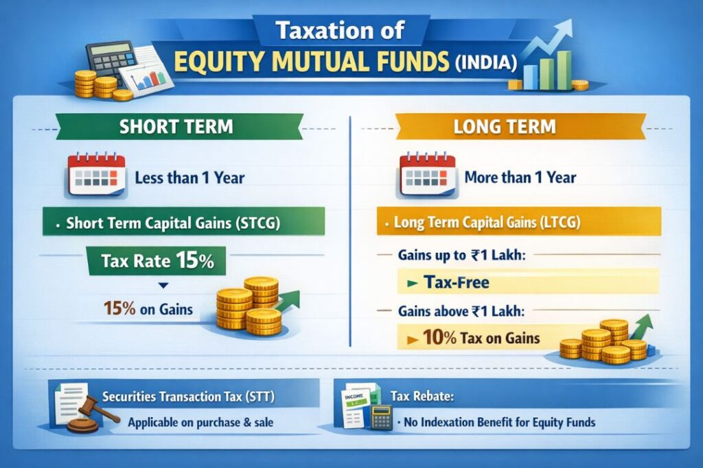 Taxation of equity mutual funds in India showing short term capital gains tax 15% and long term capital gains tax 10% above ₹1 lakh with STT details.