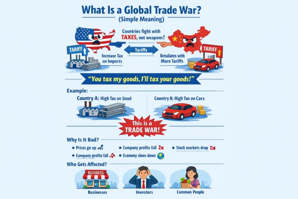 Simple infographic explaining global trade war and tariffs between countries.