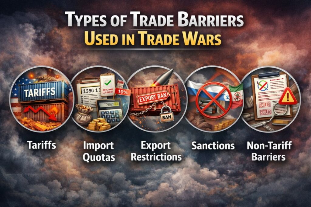 Infographic showing types of trade barriers used in trade wars, including tariffs, import quotas, export restrictions, sanctions, and non-tariff barriers.