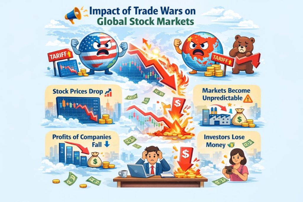 Infographic showing impact of trade wars on global stock markets.