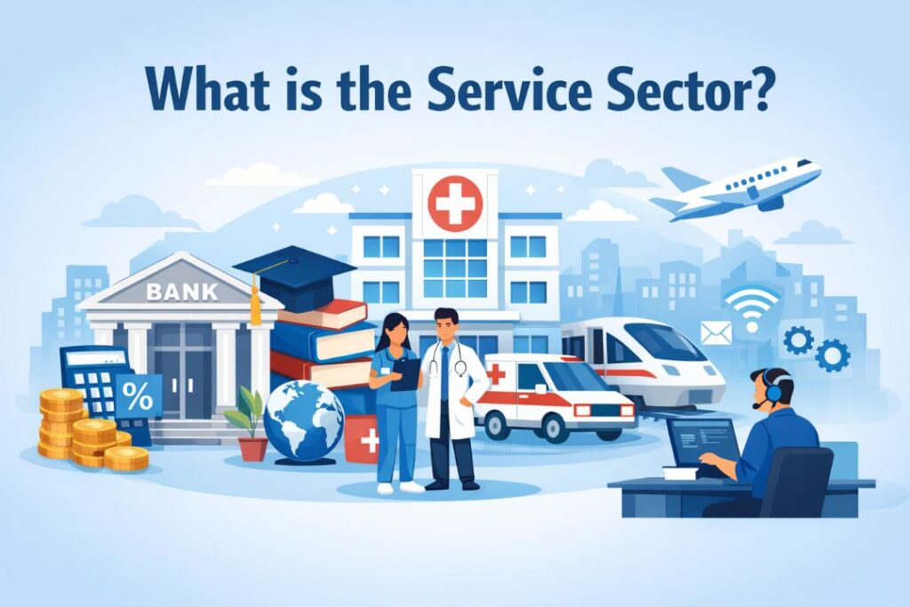 What is the service sector image showing banking, healthcare, education, transport, and IT services