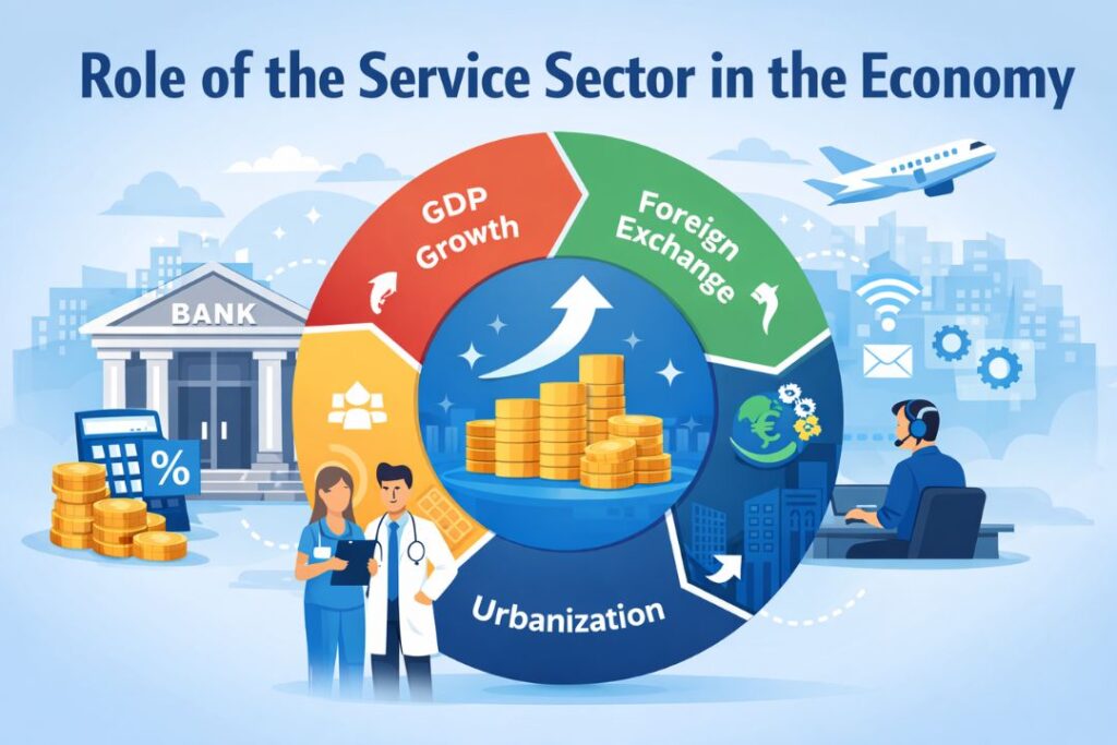 Role of the service sector in the economy showing GDP growth, employment, urbanization, and foreign exchange