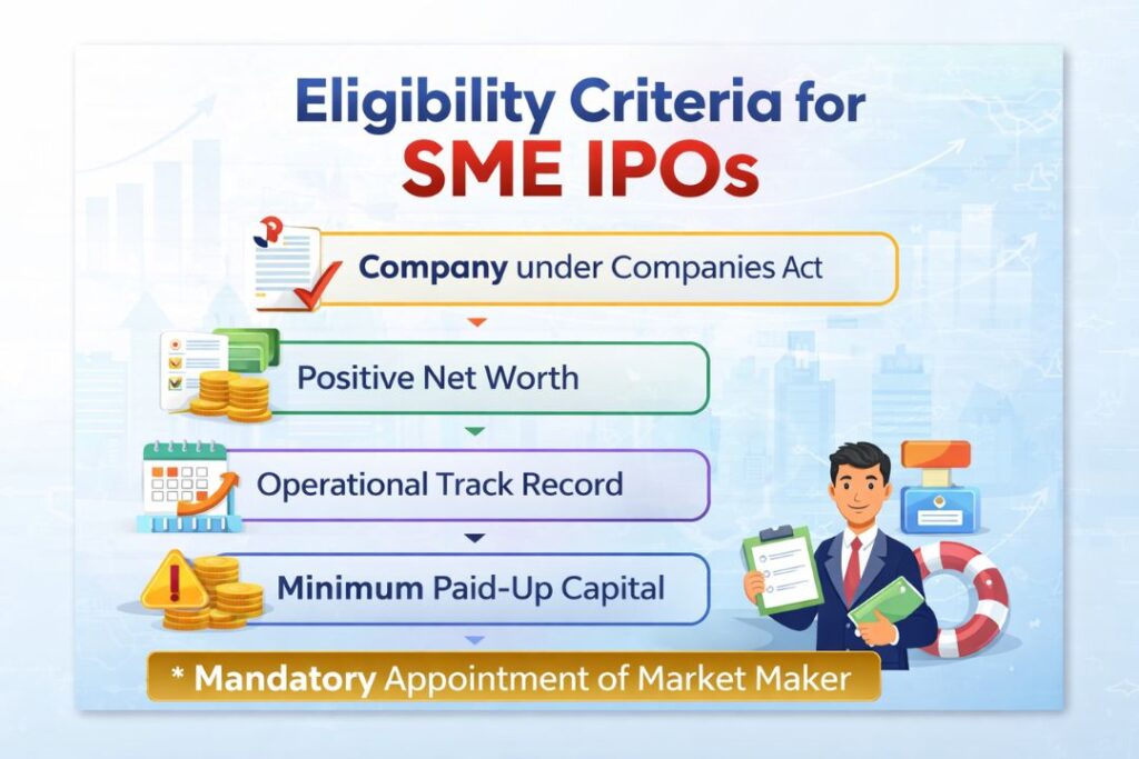 Eligibility criteria for SME IPO showing company registration under Companies Act, positive net worth, operational track record, minimum paid-up capital, and mandatory market maker requirement in India