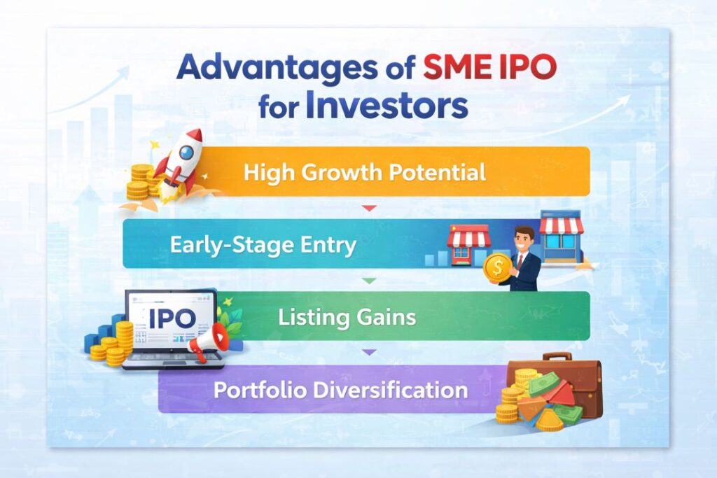 Advantages of SME IPO for investors showing high growth potential, early entry, listing gains, and portfolio diversification