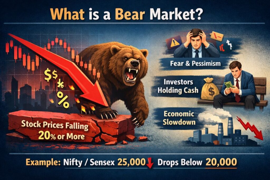 Bear market showing falling stock prices (20% or more) with negative investor sentiment.