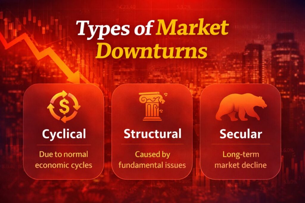 Types of market downturns showing cyclical, structural, and secular market declines
