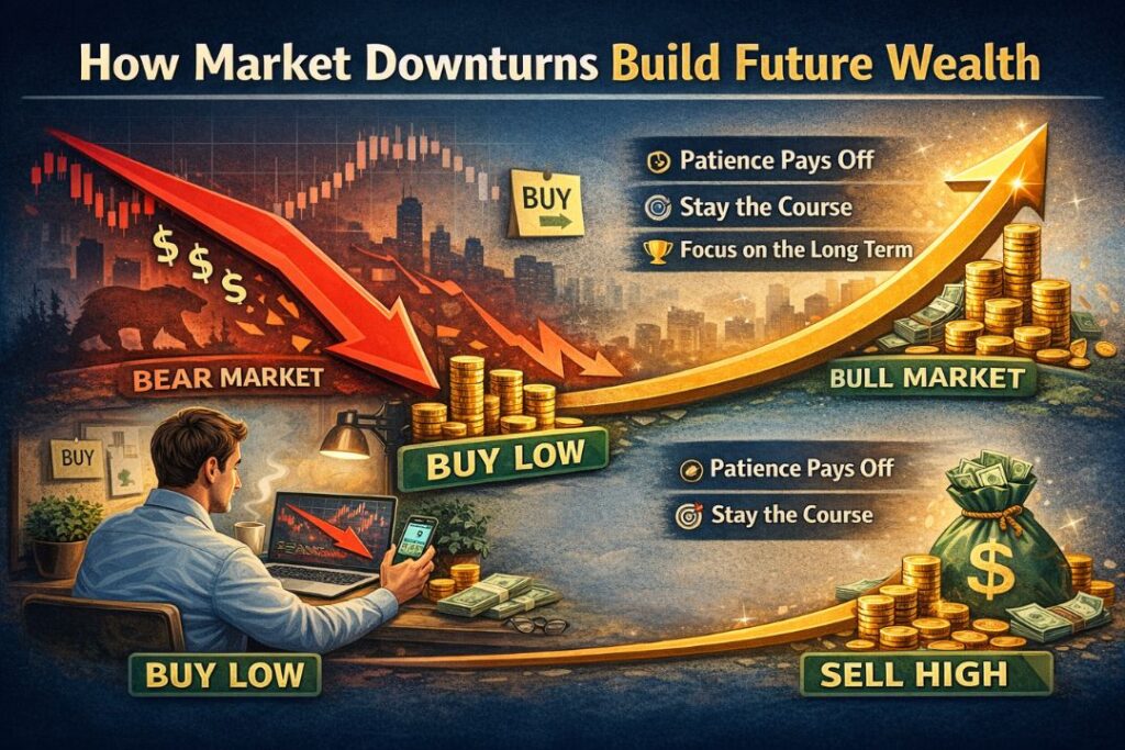 Market downturn showing buy low strategy in a bear market leading to long-term wealth growth in a bull market.
