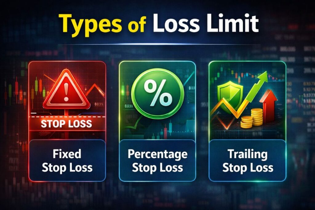 Types of loss limit in trading showing fixed stop loss, percentage stop loss, and trailing stop loss with stock market charts
