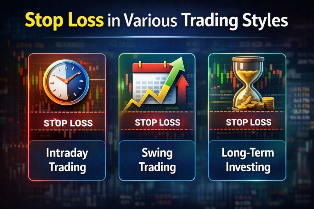 Stop loss in various trading styles showing intraday trading, swing trading, and long-term investing with different stop loss levels                  