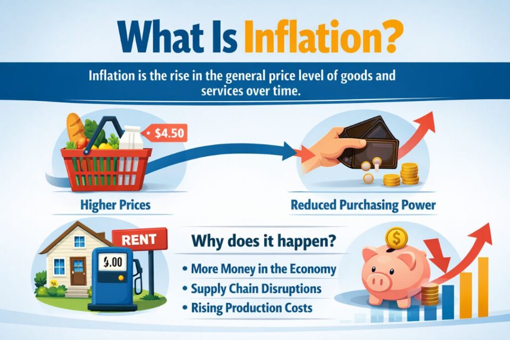 What is Inflation? – An infographic explaining rising prices, reduced purchasing power, higher cost of living, and impact on savings over time.