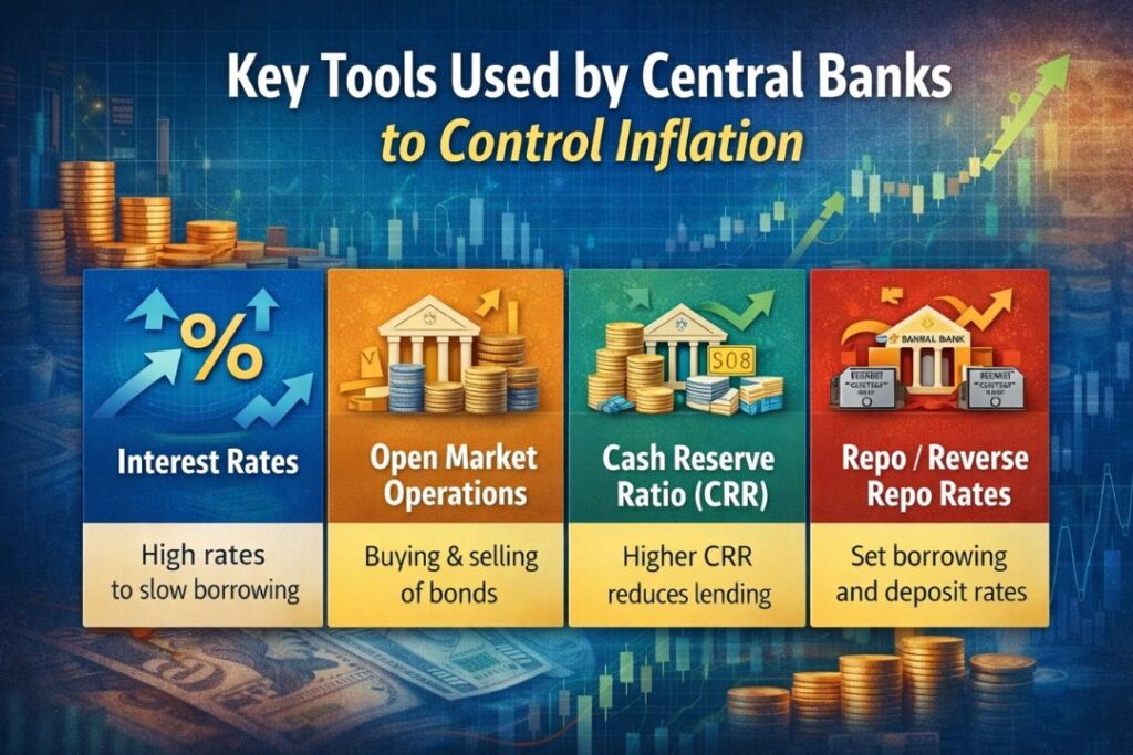 Key tools used by central banks to control inflation including interest rates, open market operations, cash reserve ratio (CRR), and repo and reverse repo rates