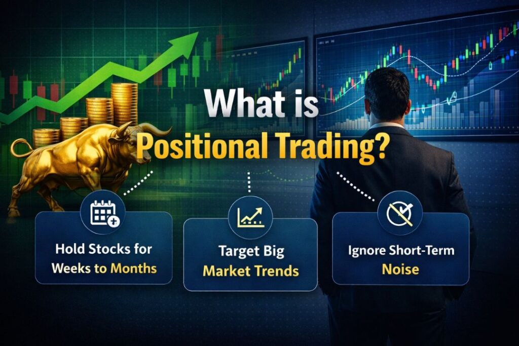 What is Positional Trading infographic showing bullish stock charts, golden bull, and medium-term trading strategy concept
