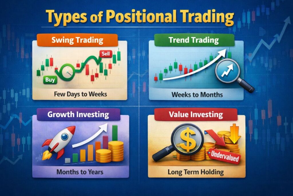 Types of Positional Trading infographic showing Swing Trading (few days to weeks), Trend Trading (weeks to months), Growth Investing (months to years), and Value Investing (long-term holding) with stock charts and financial icons on a blue market background.