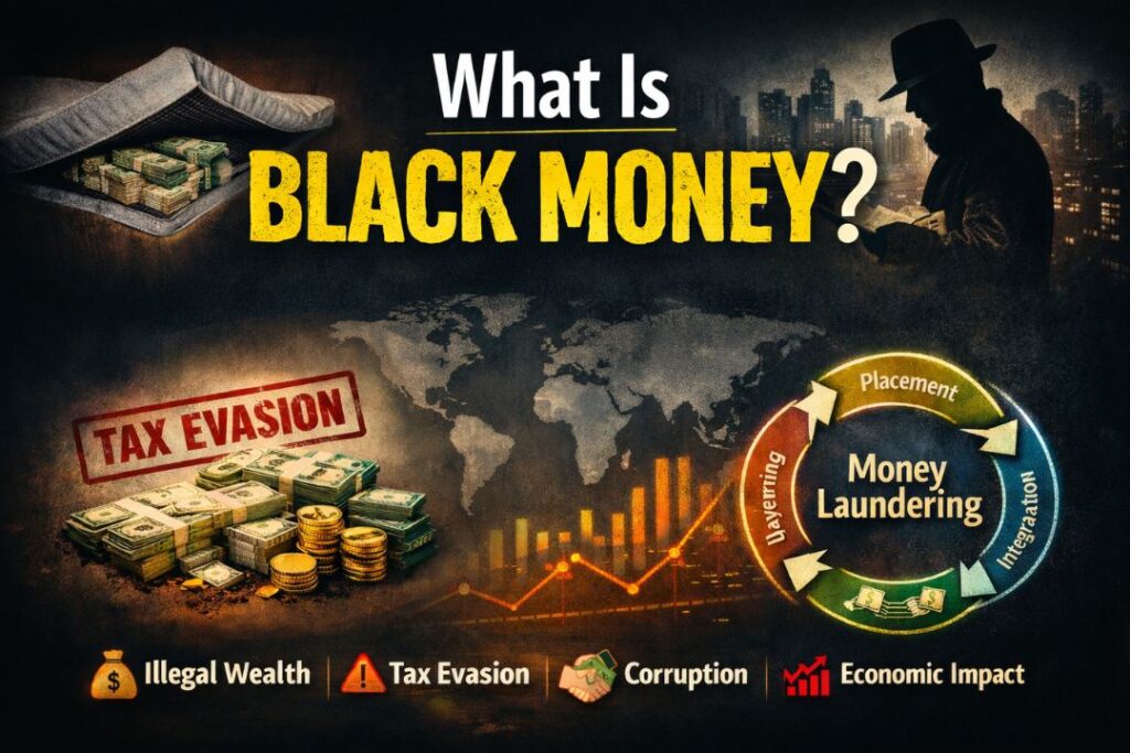 Black Money explanation graphic with illegal wealth, corruption, tax evasion, and shadow economy visual design