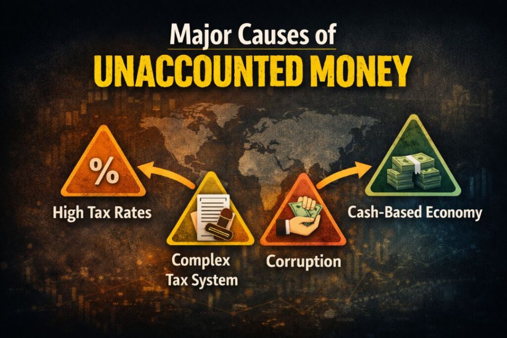 Major Causes of Unaccounted Money infographic showing high tax rates, complex tax system, corruption, and cash-based economy as key drivers of hidden income and shadow economy.