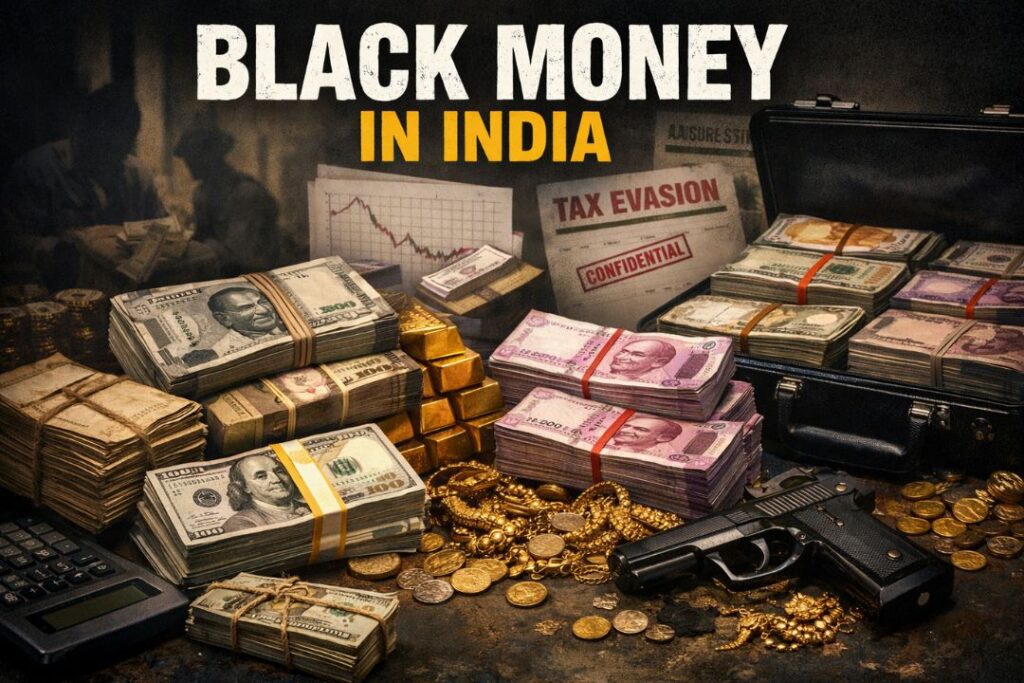 Black Money in India concept image showing stacks of Indian rupee notes, US dollars, gold bars, jewelry, briefcase full of cash, and documents labeled tax evasion under dark dramatic lighting.