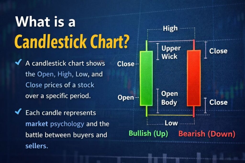 What is a Candlestick Chart? Educational graphic showing bullish and bearish candlesticks with labels for open, high, low, close, upper wick, and body.