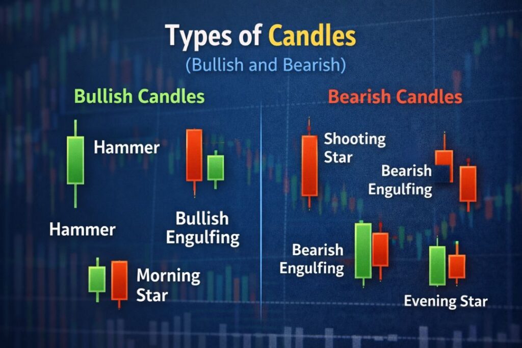 Types of Candlestick Patterns showing Bullish (Hammer, Bullish Engulfing, Morning Star) and Bearish (Shooting Star, Bearish Engulfing, Evening Star) chart examples for beginners.