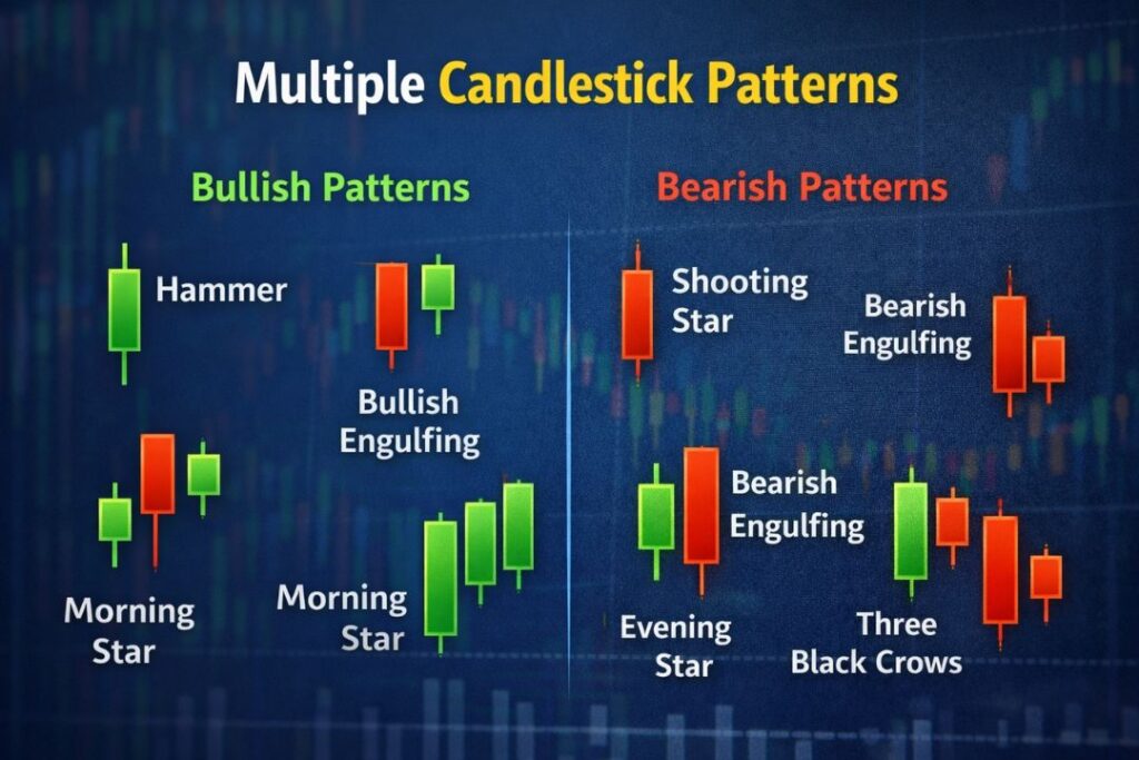 Multiple candlestick patterns infographic showing Bullish patterns (Hammer, Bullish Engulfing, Morning Star) and Bearish patterns (Shooting Star, Bearish Engulfing, Evening Star, Three Black Crows) on a stock chart background.