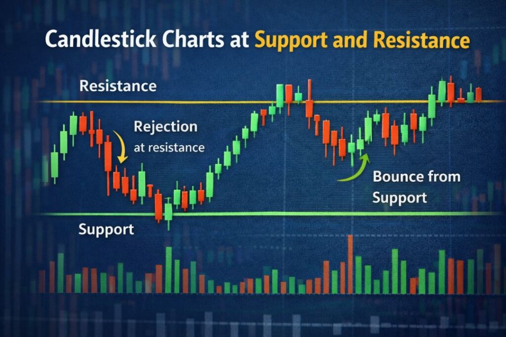 Candlestick chart showing support and resistance levels with price rejection at resistance and bounce from support, including green and red candles and volume bars below.