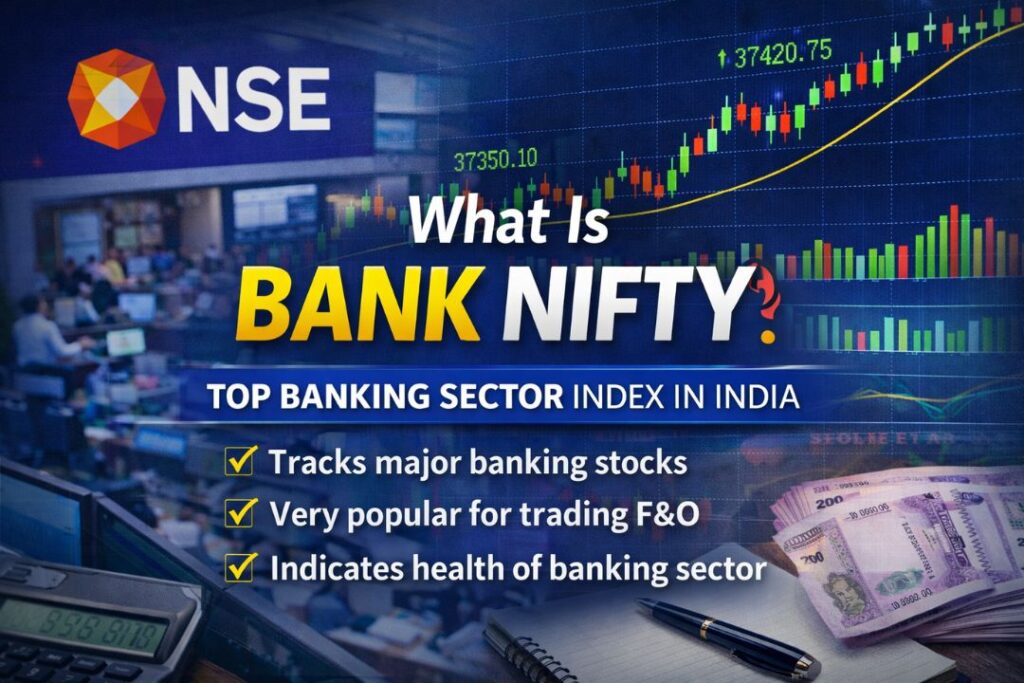 Bank Nifty feature image showing NSE screen, rising candlestick chart, and key points about India’s top banking sector index for traders and investors.