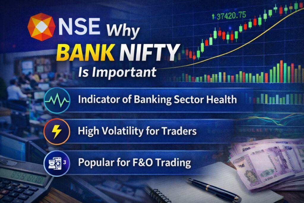 Infographic titled “Why Bank Nifty Is Important” showing rising candlestick chart, NSE screen, and key benefits like banking sector indicator, high volatility, and F&O trading popularity.