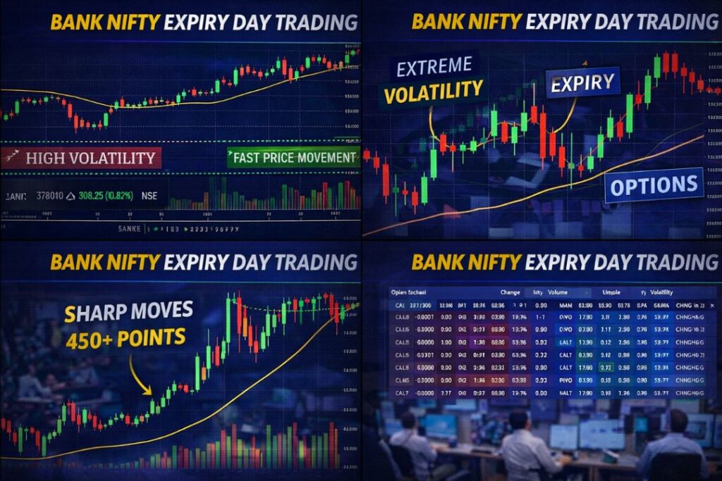 Bank Nifty expiry day trading collage showing high volatility candlestick charts, sharp 450+ point moves, and options chain screen highlighting weekly expiry trading action.