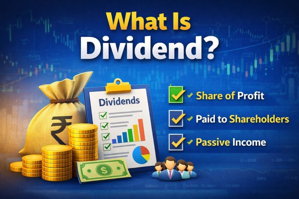 What Is Dividend Yield infographic showing profit distribution, money bag with rupee symbol, coins, shareholders, and passive income concept in stock market.