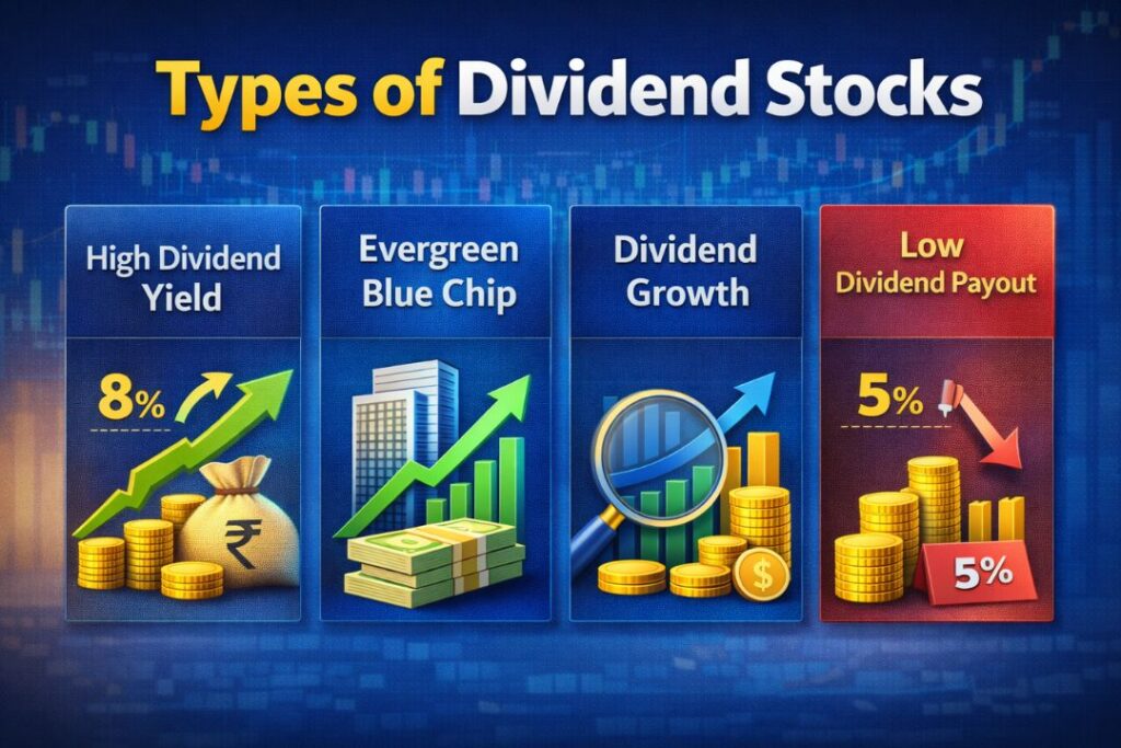 Types of Dividend Stocks infographic showing high dividend yield stocks, evergreen blue chip stocks, dividend growth stocks, and low payout dividend stocks with charts and coins.