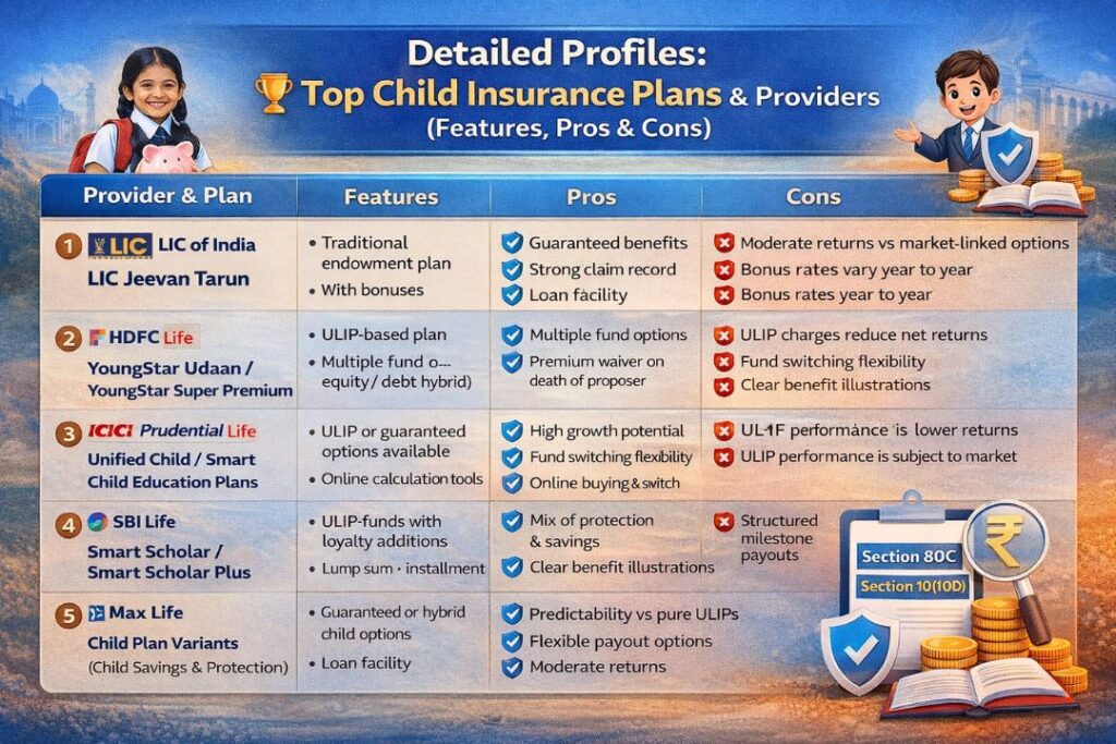 Detailed profiles of top child insurance plans in India comparison table showing features, pros and cons of LIC, HDFC Life, ICICI Prudential, SBI Life and Max Life