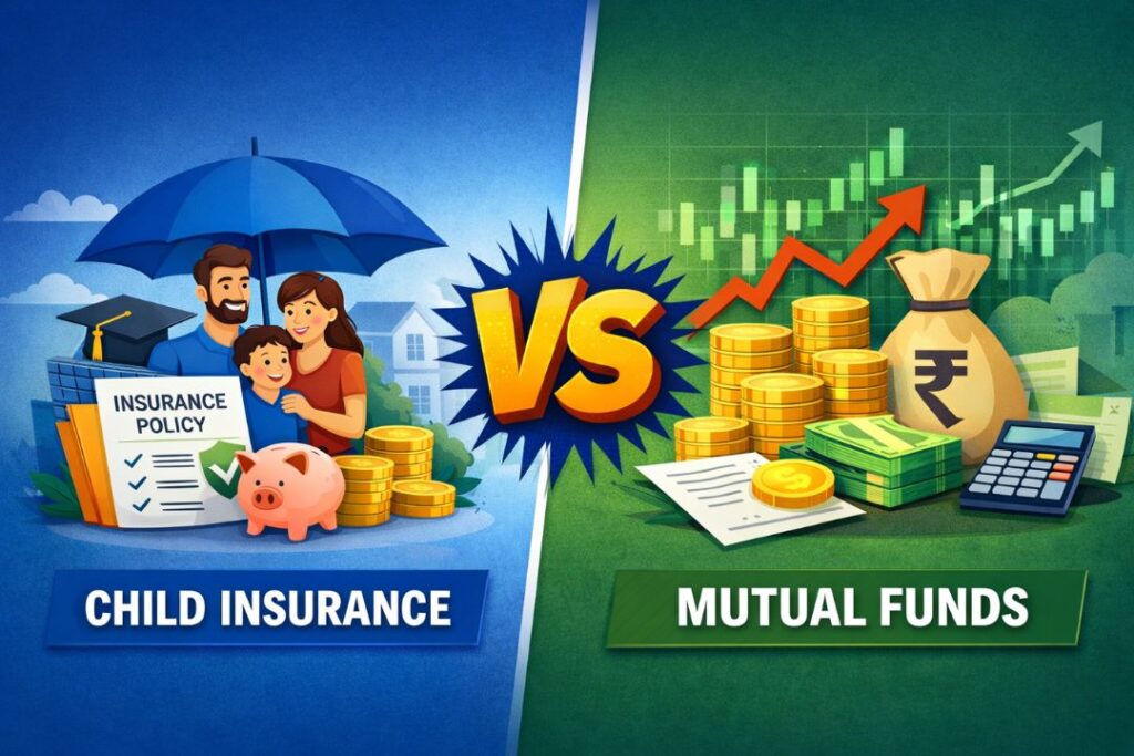Child Insurance vs Mutual Funds comparison image showing protection under insurance and investment growth in mutual funds