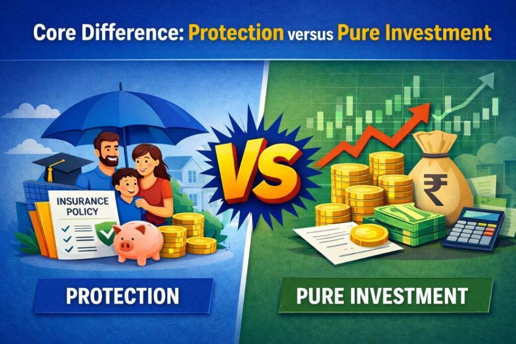 Core difference between protection and pure investment image showing child insurance protection vs mutual fund investment growth concept