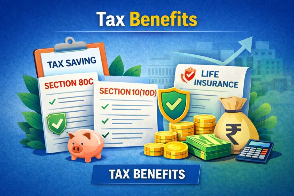 Tax Benefits illustration showing Section 80C and Section 10(10D) savings for child insurance and mutual funds in India