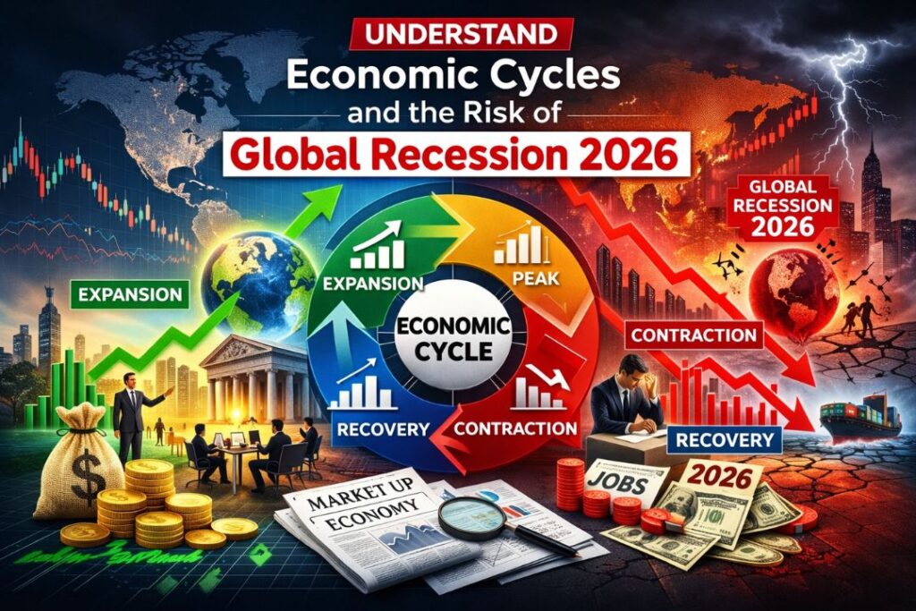 Infographic explaining economic cycles including expansion, peak, contraction, and recovery phases with reference to Global Recession 2026 risk