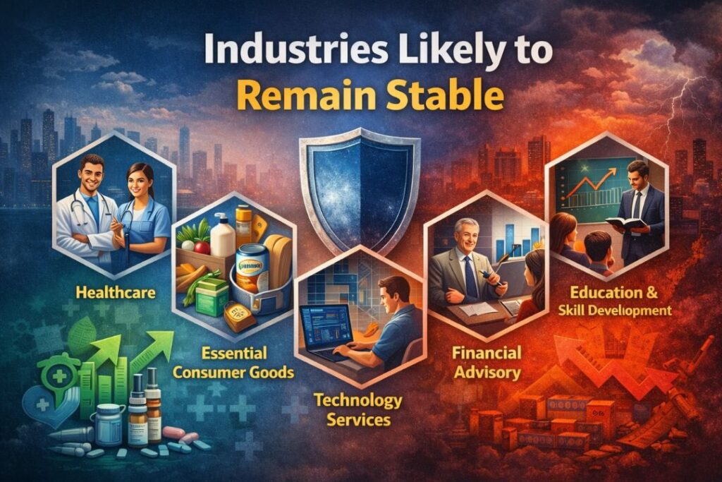 Infographic showing industries likely to remain stable during Global Recession 2026 including healthcare, essential consumer goods, technology services, financial advisory, and education sectors