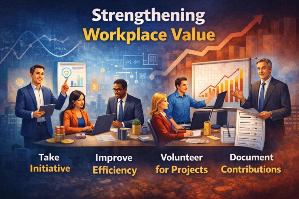 Strengthening workplace value illustration showing professionals taking initiative, improving efficiency, volunteering for projects, and documenting contributions to enhance career stability