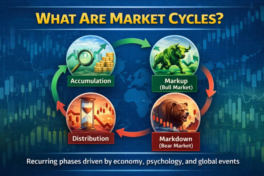 Stock market cycle phases including accumulation, bull market, distribution, and bear market.
