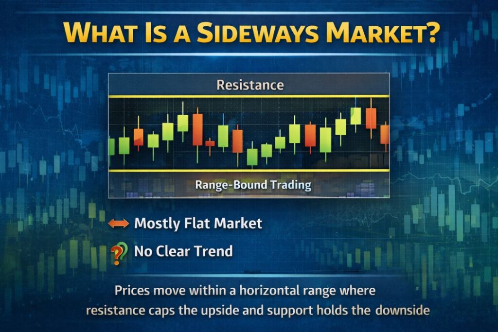 What is a sideways market infographic showing range-bound trading with support and resistance levels in a stock market chart.