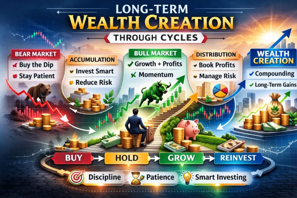 Long-term wealth creation through market cycles infographic showing bear market, accumulation, bull market, and distribution phases with investment growth strategy.