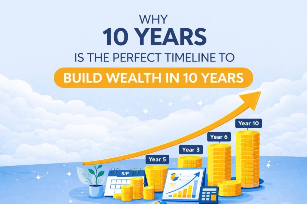 Why 10 years is the perfect timeline to build wealth in 10 years illustration with rising coin stacks and growth arrow