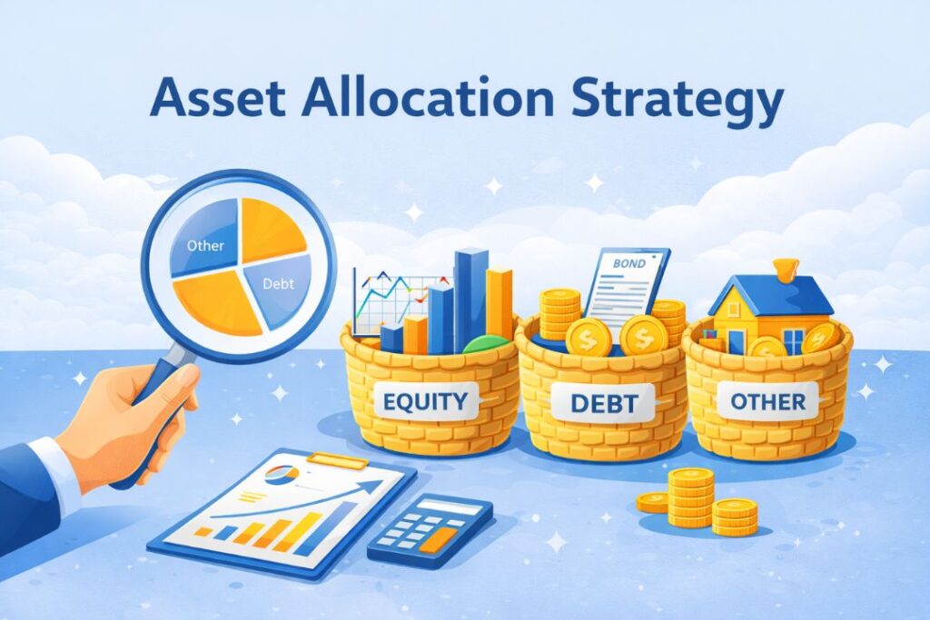 Asset allocation strategy illustration showing equity, debt, and other investments with diversified portfolio concept